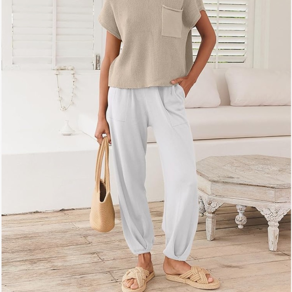 Vici White Elastic Hem Linen-Blend Jogger Pants